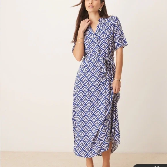 JDY tie waist midi shirt dress in blue print S - Picture 4 of 7